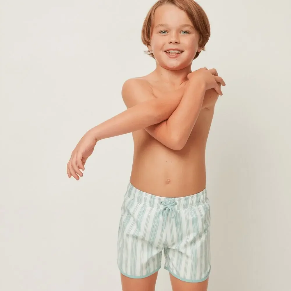 Kids Striped Green Swim Trunks